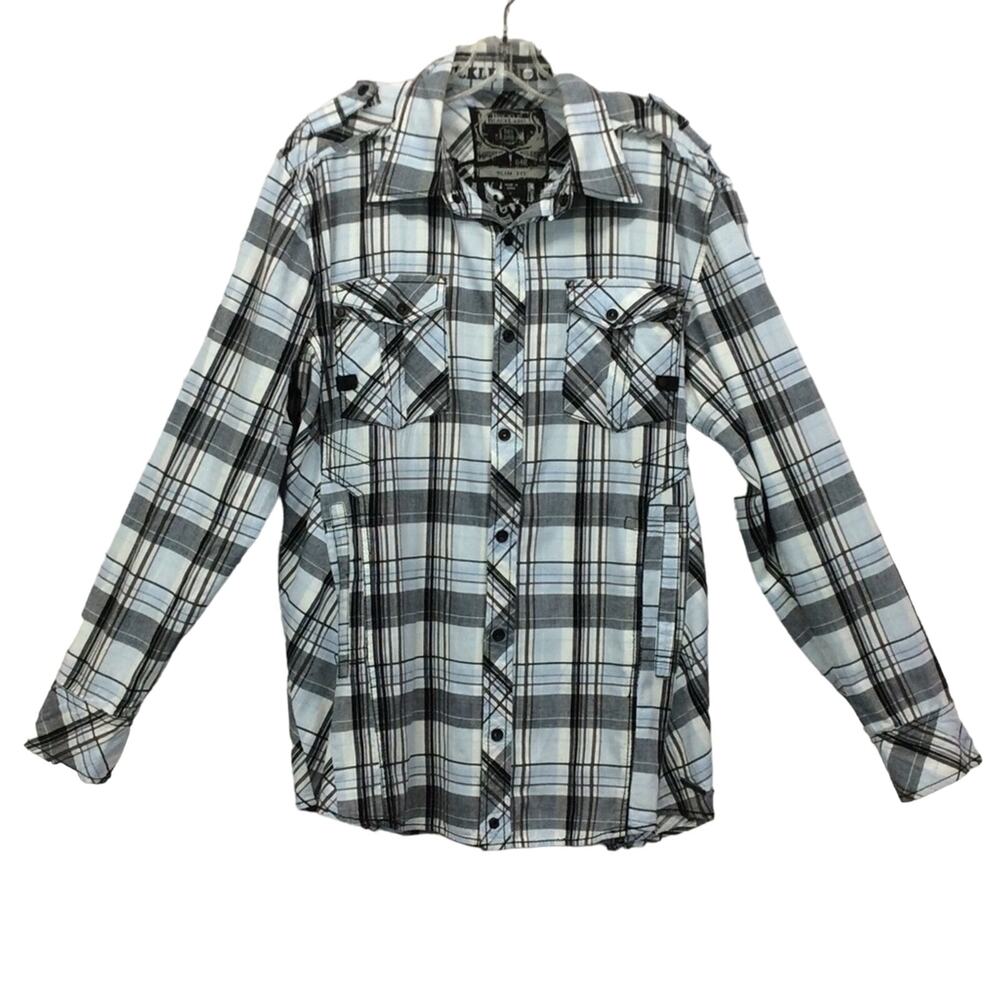 BKE Buckle Black Label Shirt Men's Large Slim Fit Snap Plaid Long Sleeve Graphic